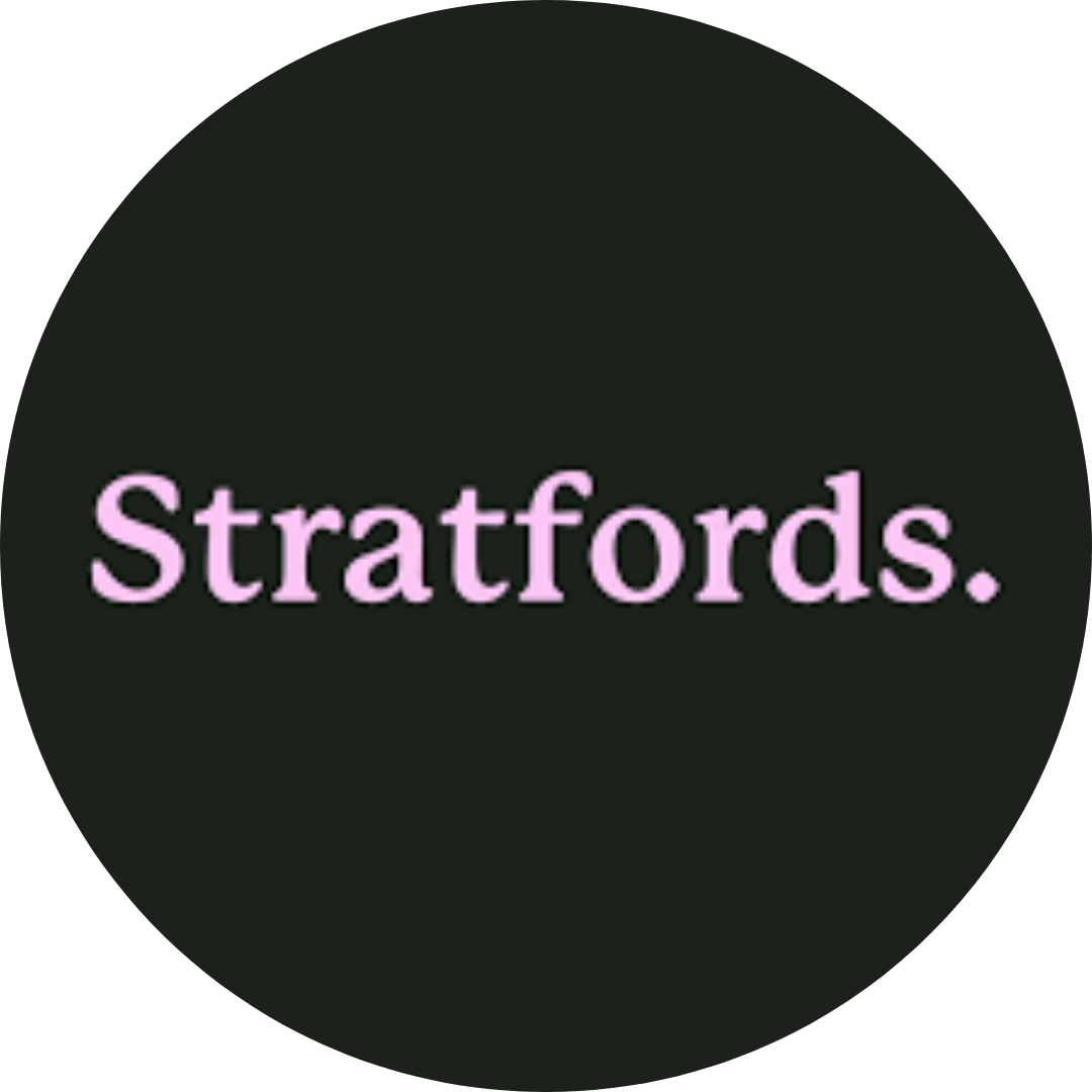 Stratfords logo on dark background.